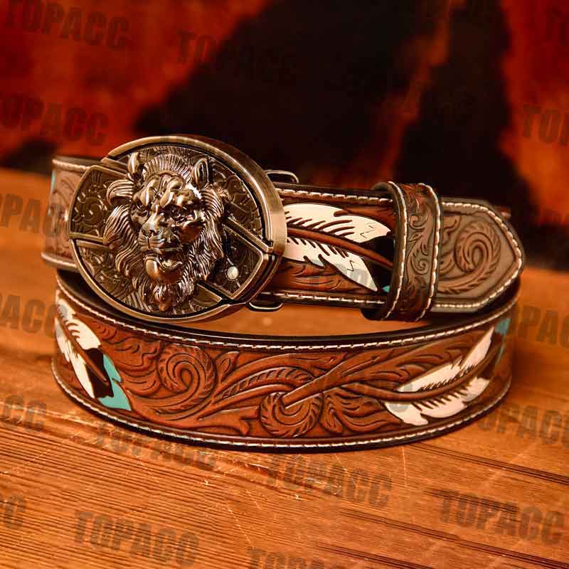 TOPACC Western Leather Feather Belt - Block Buckle