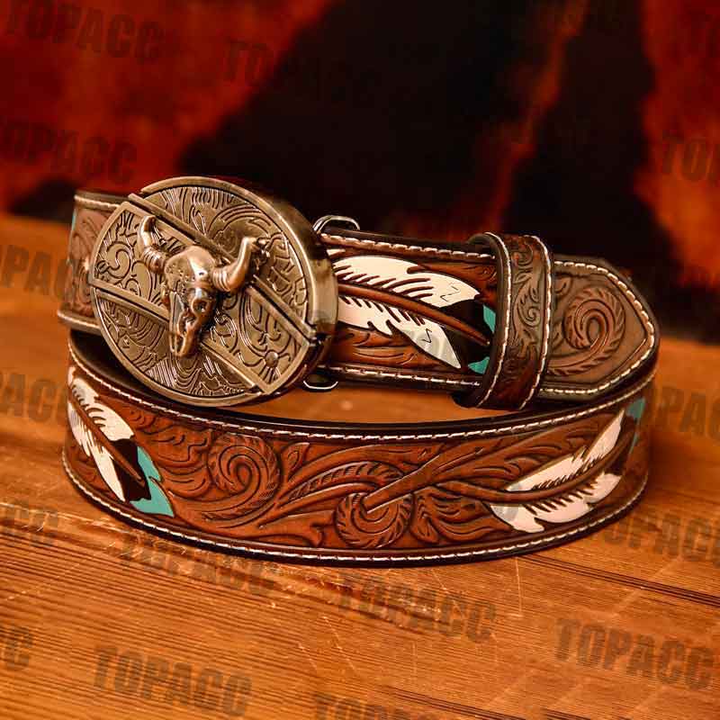 Leather Custom Tooled Feather Belt