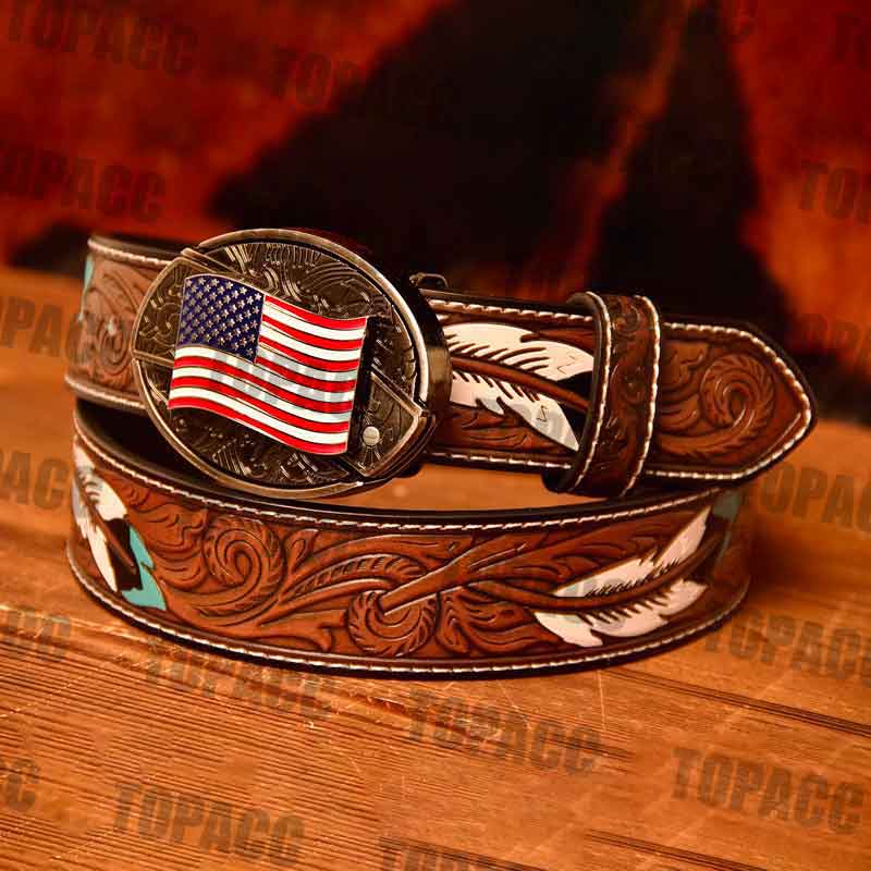 TOPACC Western Leather Feather Belt - Block Buckle
