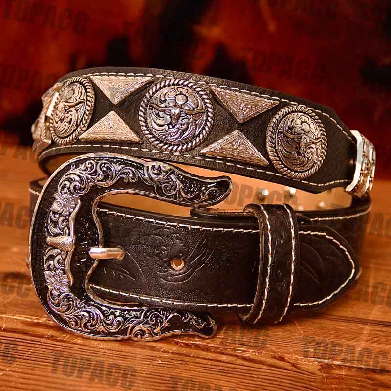 TOPACC Western Super Concho Longhorn Cow Bull Black Country Belts Genuine Leather