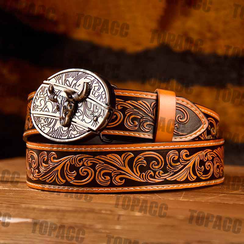 Topacc Western Genuine Leather Pattern Tooled Belt