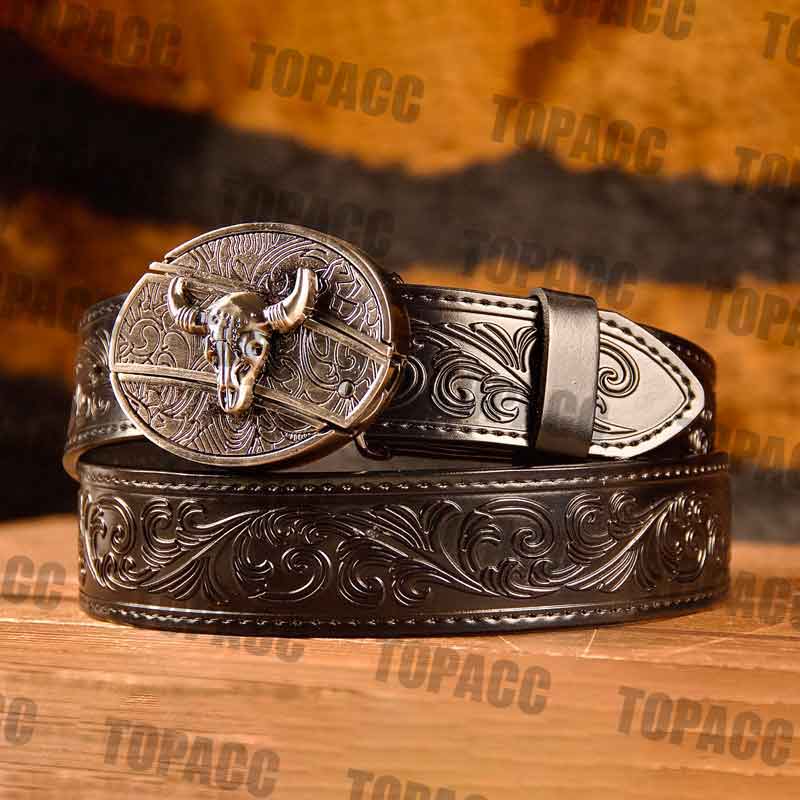 Topacc Western Genuine Leather Pattern Tooled Black Belt - Buckle with Block Longhorn / Fit waist:35-40in(89-101cm)