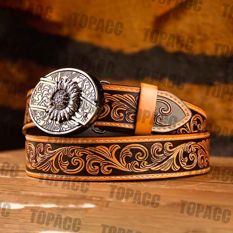 TOPACC Western Genuine Leather Pattern Tooled Belt - Buckle with Block