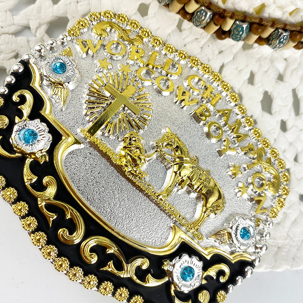 TOPACC Western Genuine Leather Pattern Tooled Belt-3D Cross Horses Prayer 'world champion cowboy' Hebilla