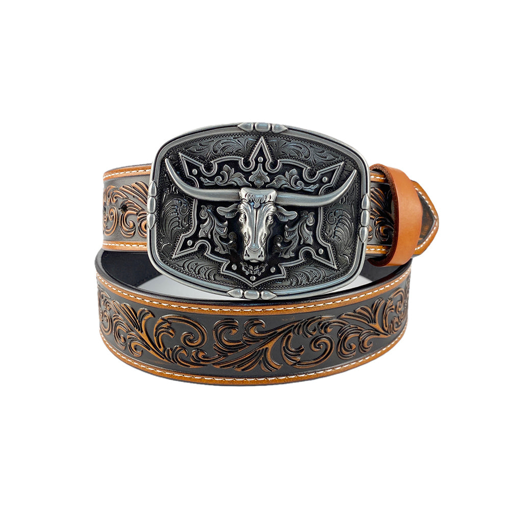 TOPACC Western cuero genuino patrón cinturón-patrón Longhorn vaca cinturón hebilla cobre/bronce