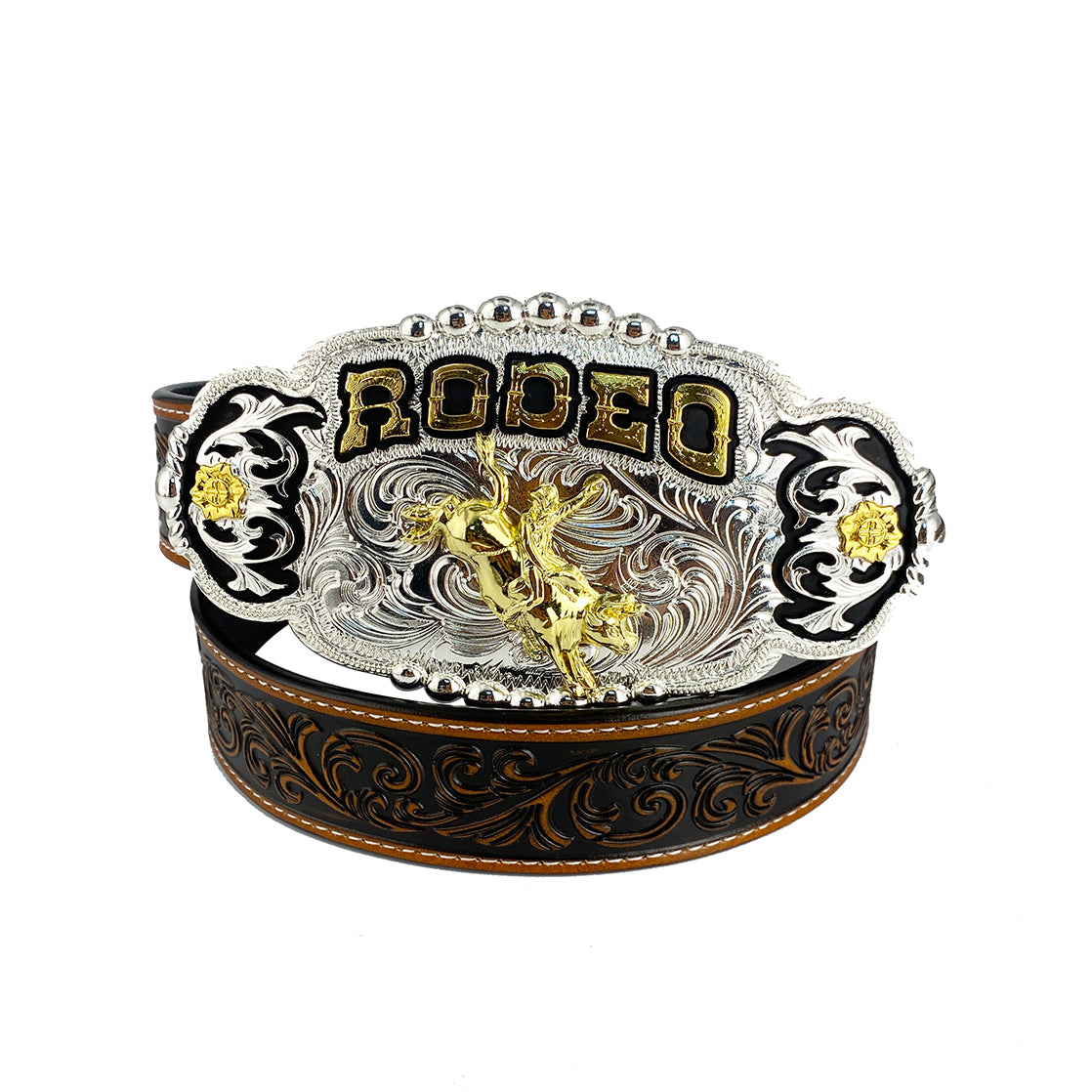 TOPACC Western Genuine Leather Pattern Tooled Belt - Rodeo Grabado Flor Cinturón Hebilla