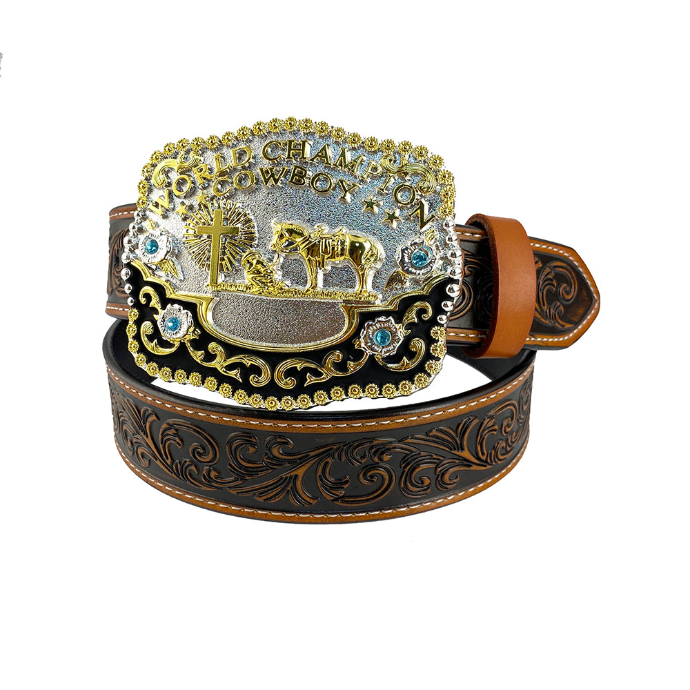 TOPACC Western Genuine Leather Pattern Tooled Belt-3D Cross Horses Prayer 'world champion cowboy' Hebilla