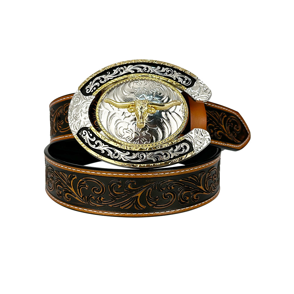 Topacc Western Genuine Leather Pattern Tooled Belt
