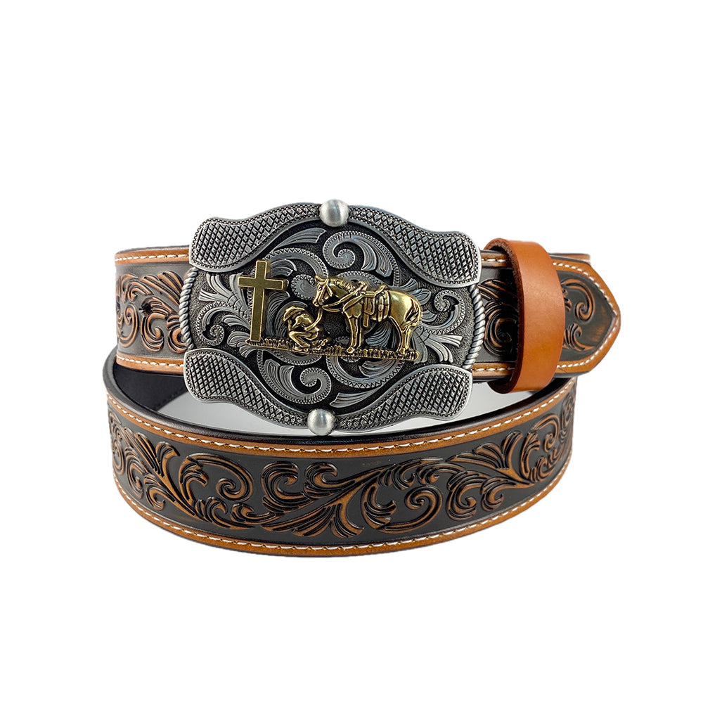 TOPACC Western Genuine Leather Pattern Tooled Belt - Buckle with