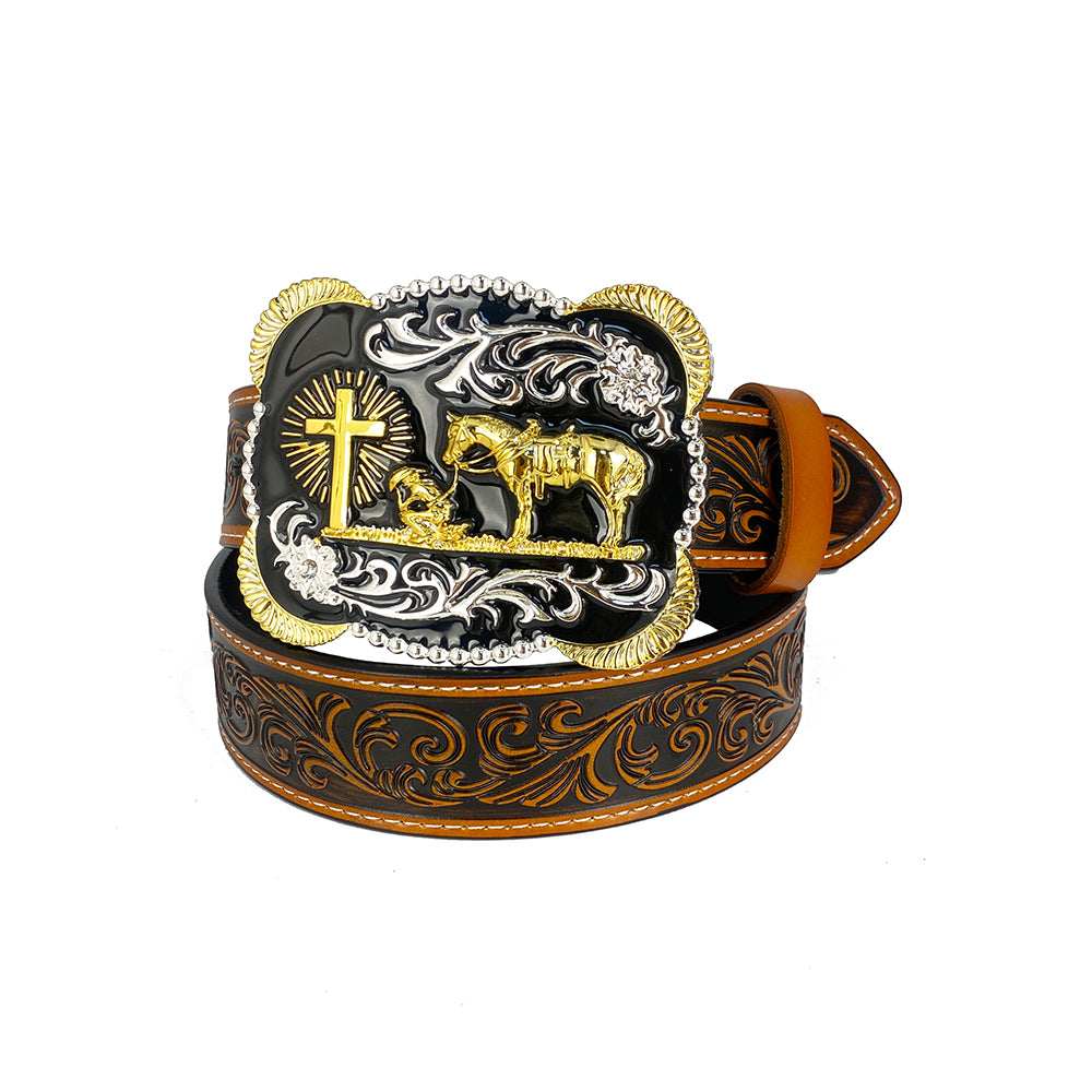 TOPACC Western Genuine Leather Pattern Tooled Belt - Buckle with