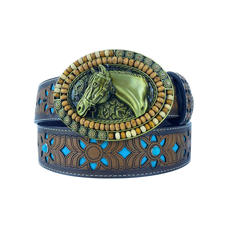 Cintos TOPACC Western Turquesa - Fivela Cavalo de Madeira Oval Cobre/Bronze
