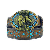 TOPACC Western Turquoise Belts - Oval Turquoise Indians Buckle#2 Copper/Bronze
