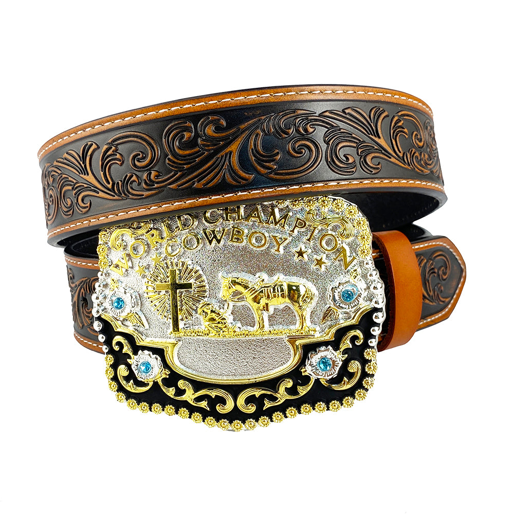 TOPACC Western Genuine Leather Pattern Tooled Belt-3D Cross Horses Prayer 'world champion cowboy' Hebilla