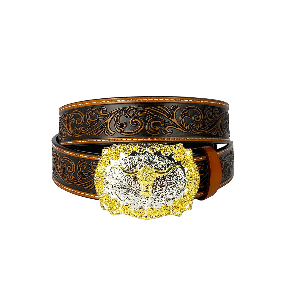 TOPACC Western Genuine Leather Pattern Tooled Belt- Longhorn Cow Belt Buckle Two Tone/Bronze