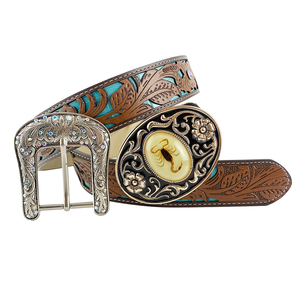 TOPACC Western Turquoise Belts - Luminous Stone 3D Scorpion Cinturón Hebilla Cobre/Bronce