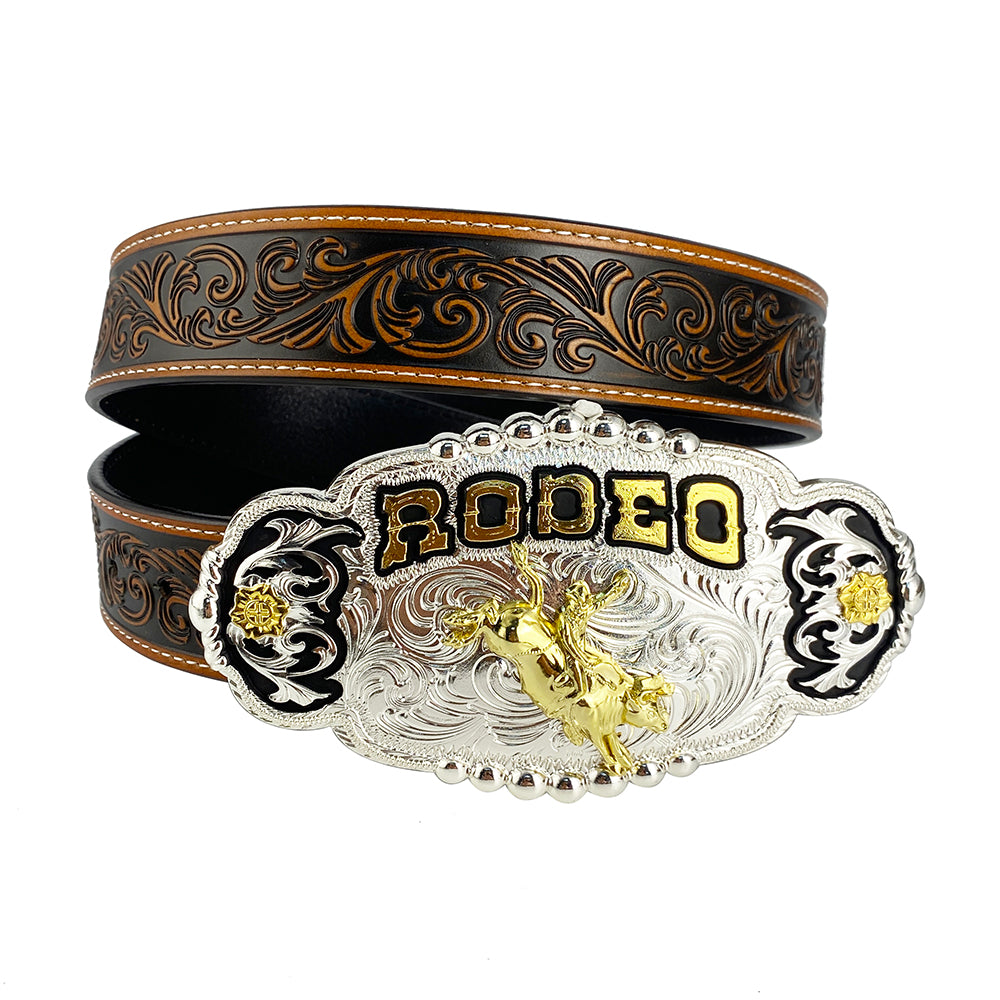 TOPACC Western Genuine Leather Pattern Tooled Belt - Rodeo Grabado Flor Cinturón Hebilla