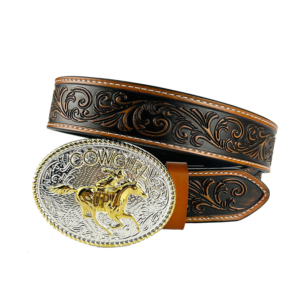 TOPACC Western cuero genuino patrón Tooled cinturón-vaquera montar hebilla de cinturón