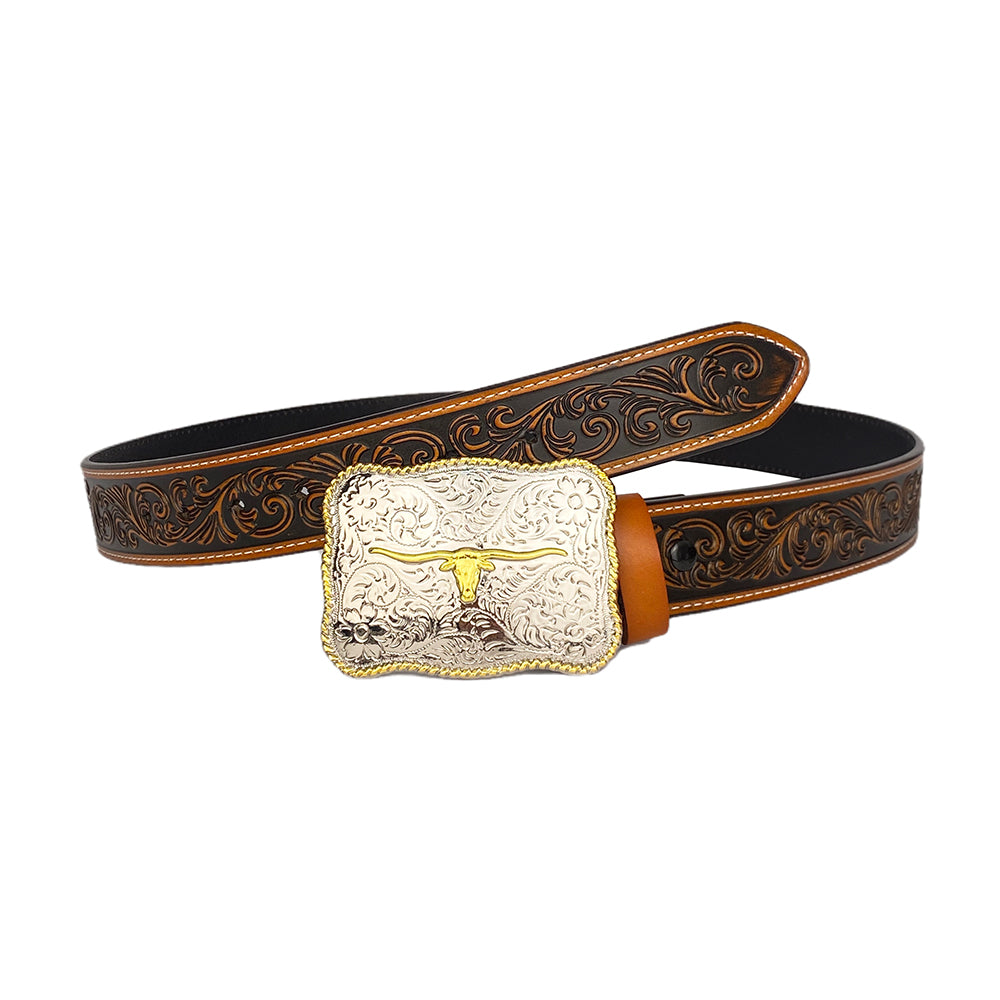 Cinturón con patrón de cuero genuino occidental TOPACC, hebilla de cinturón de vaca de cuerno largo de dos tonos rectangulares