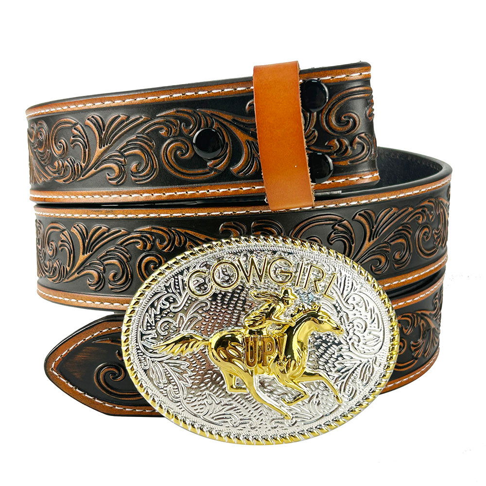 TOPACC Western cuero genuino patrón Tooled cinturón-vaquera montar hebilla de cinturón