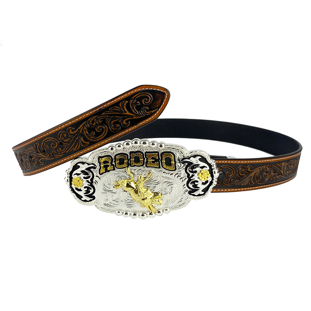 TOPACC Western Genuine Leather Pattern Tooled Belt - Rodeo Grabado Flor Cinturón Hebilla