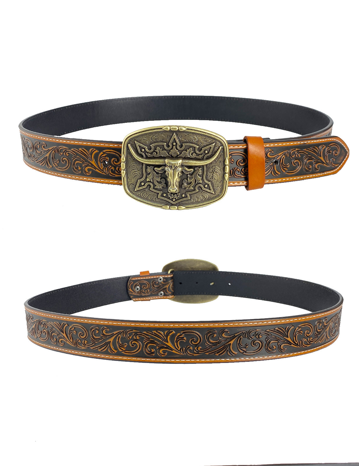 TOPACC Western cuero genuino patrón cinturón-patrón Longhorn vaca cinturón hebilla cobre/bronce