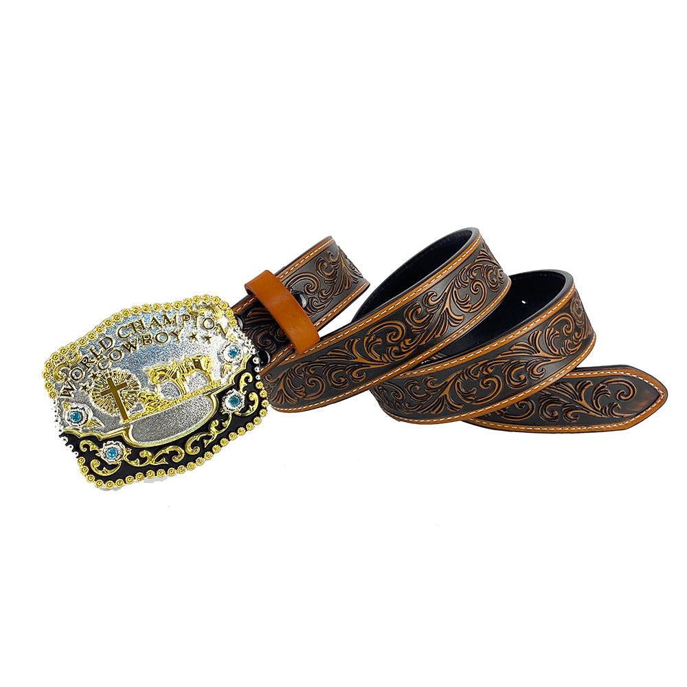 TOPACC Western Genuine Leather Pattern Tooled Belt-3D Cross Horses Prayer 'world champion cowboy' Hebilla