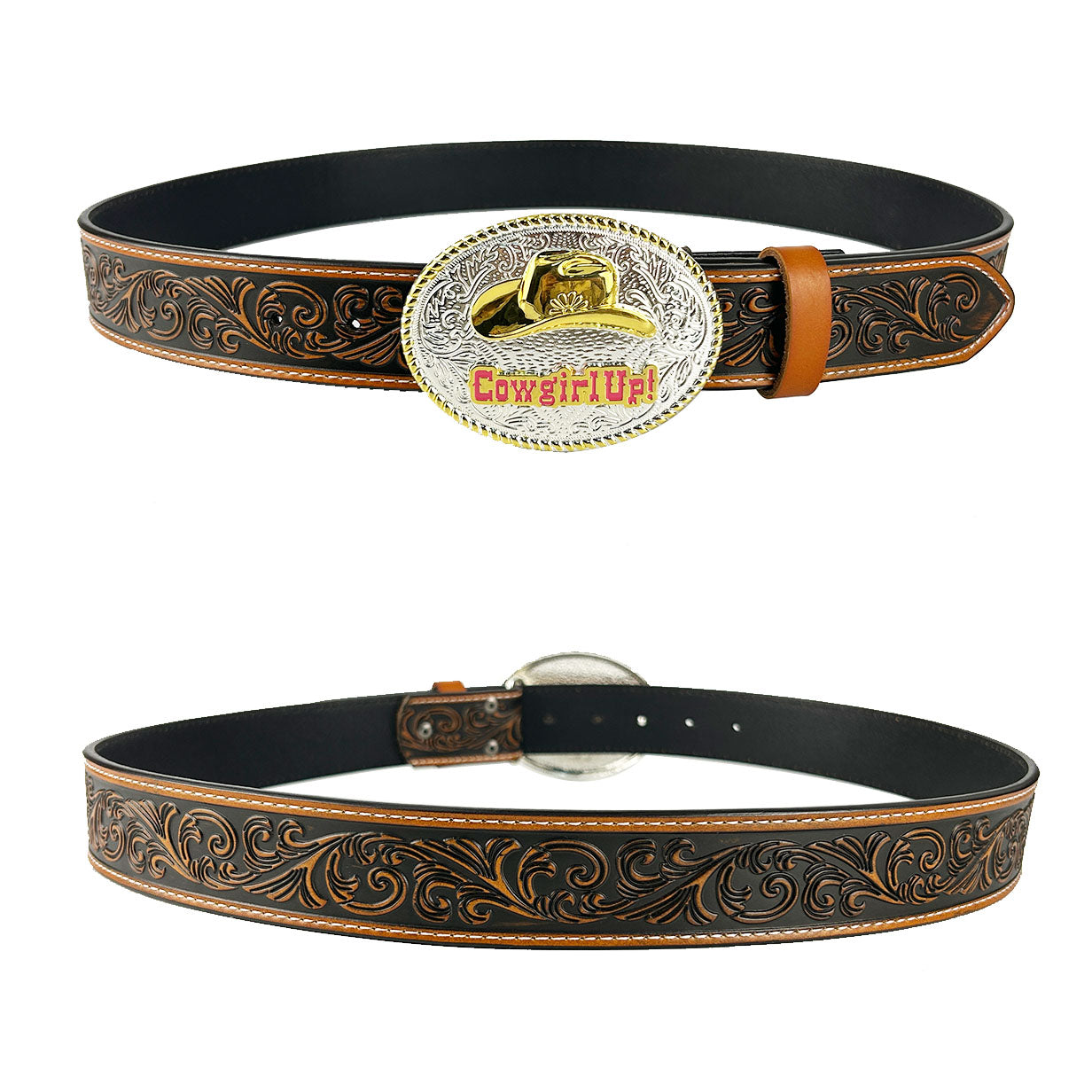TOPACC Western Genuine Leather Pattern Tooled Belt-Two Tone Cowboy Hat Buckle