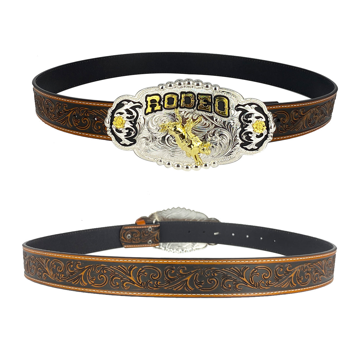 TOPACC Western Genuine Leather Pattern Tooled Belt - Rodeo Grabado Flor Cinturón Hebilla