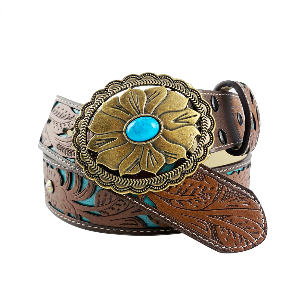 TOPACC Western Turquoise Belts - Turquoise Flower Belt Buckle Copper/Bronze