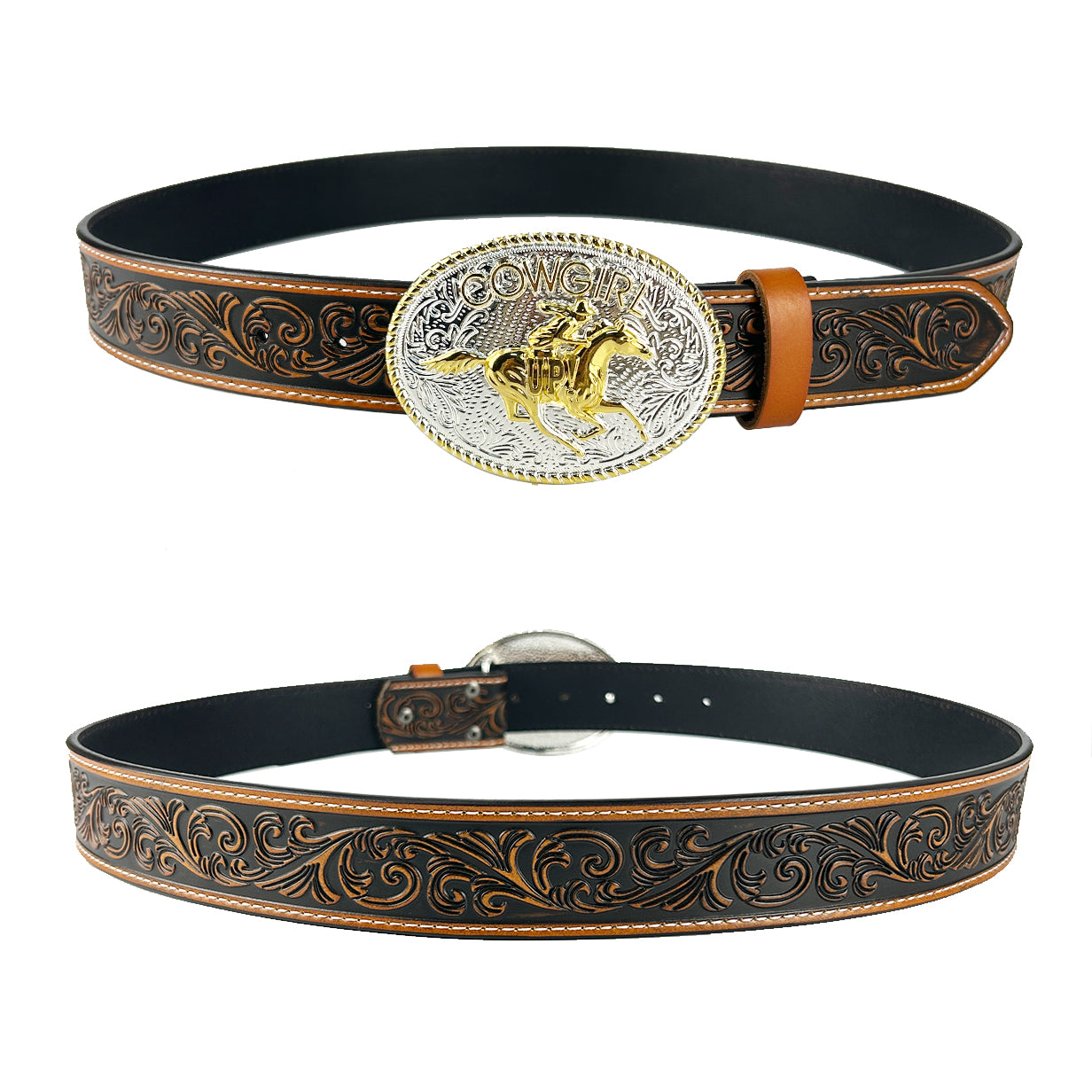 TOPACC Western cuero genuino patrón Tooled cinturón-vaquera montar hebilla de cinturón