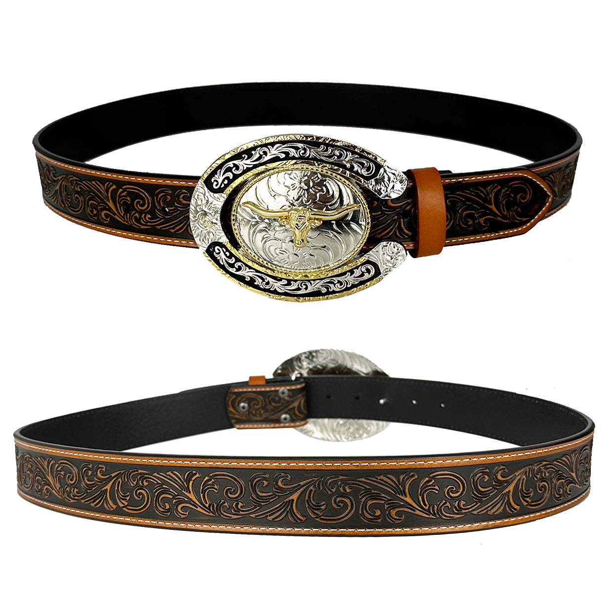 TOPACC Western Genuine Leather Pattern Tooled Belt - Two Tone Horseshoe Longhorn Bull Buckle