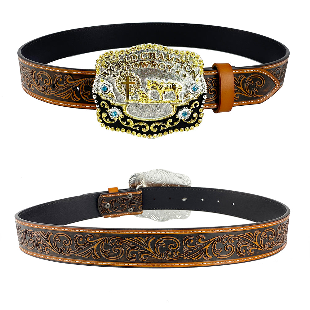 TOPACC Western Genuine Leather Pattern Tooled Belt-3D Cross Horses Prayer 'world champion cowboy' Hebilla