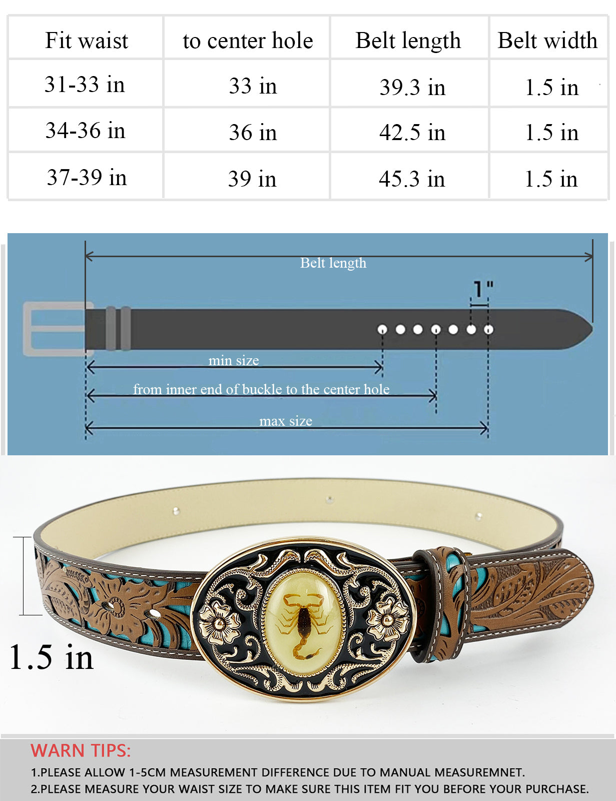 TOPACC Western Turquoise Belts - Luminous Stone 3D Scorpion Cinturón Hebilla Cobre/Bronce