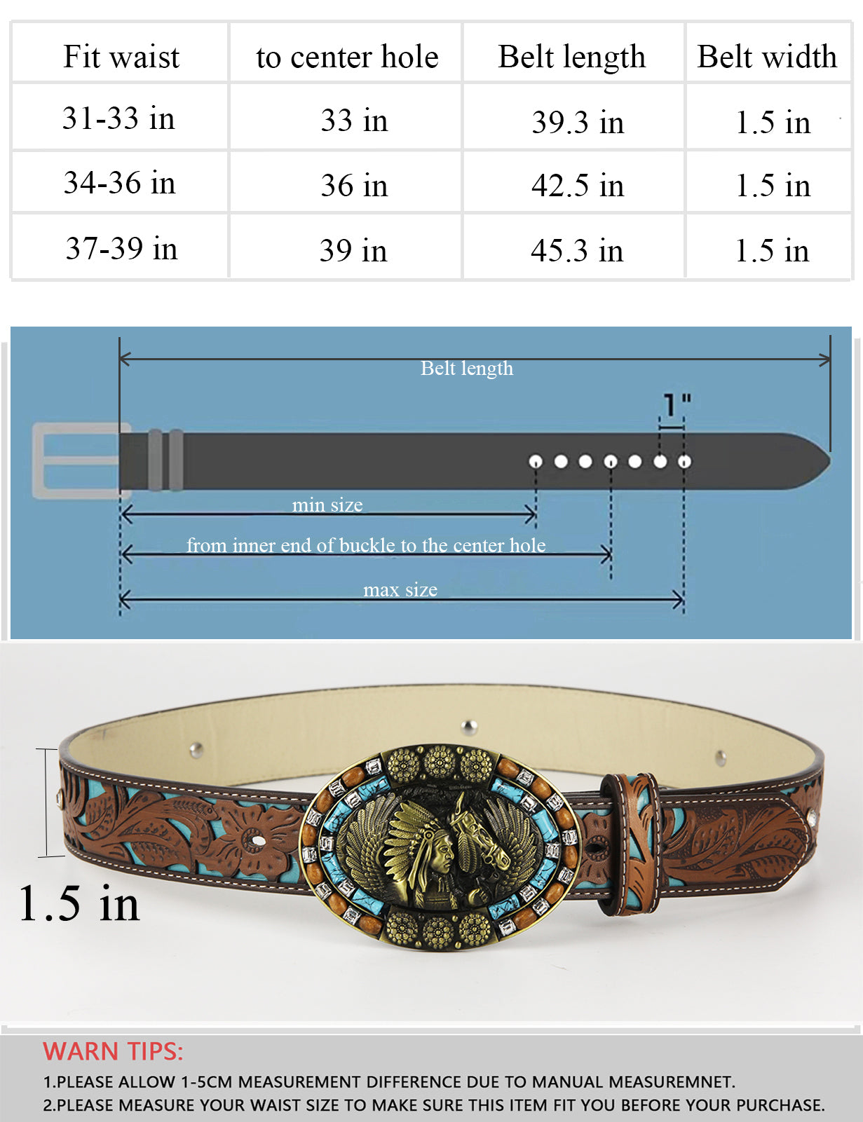 TOPACC Western Turquoise Belts - Turquoise Indians Belt Buckle Cobre/Bronce