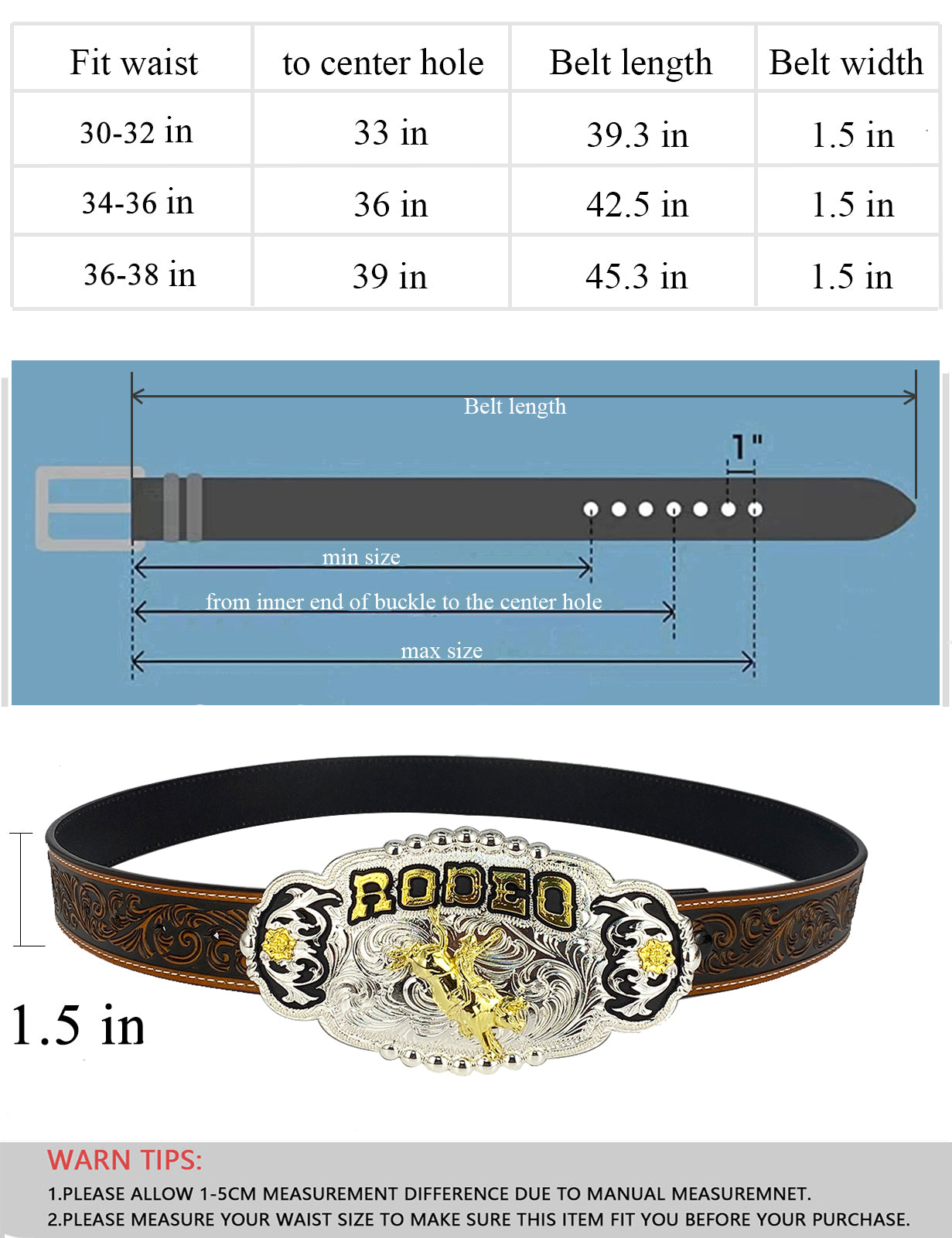 TOPACC Western Genuine Leather Pattern Tooled Belt - Rodeo Grabado Flor Cinturón Hebilla