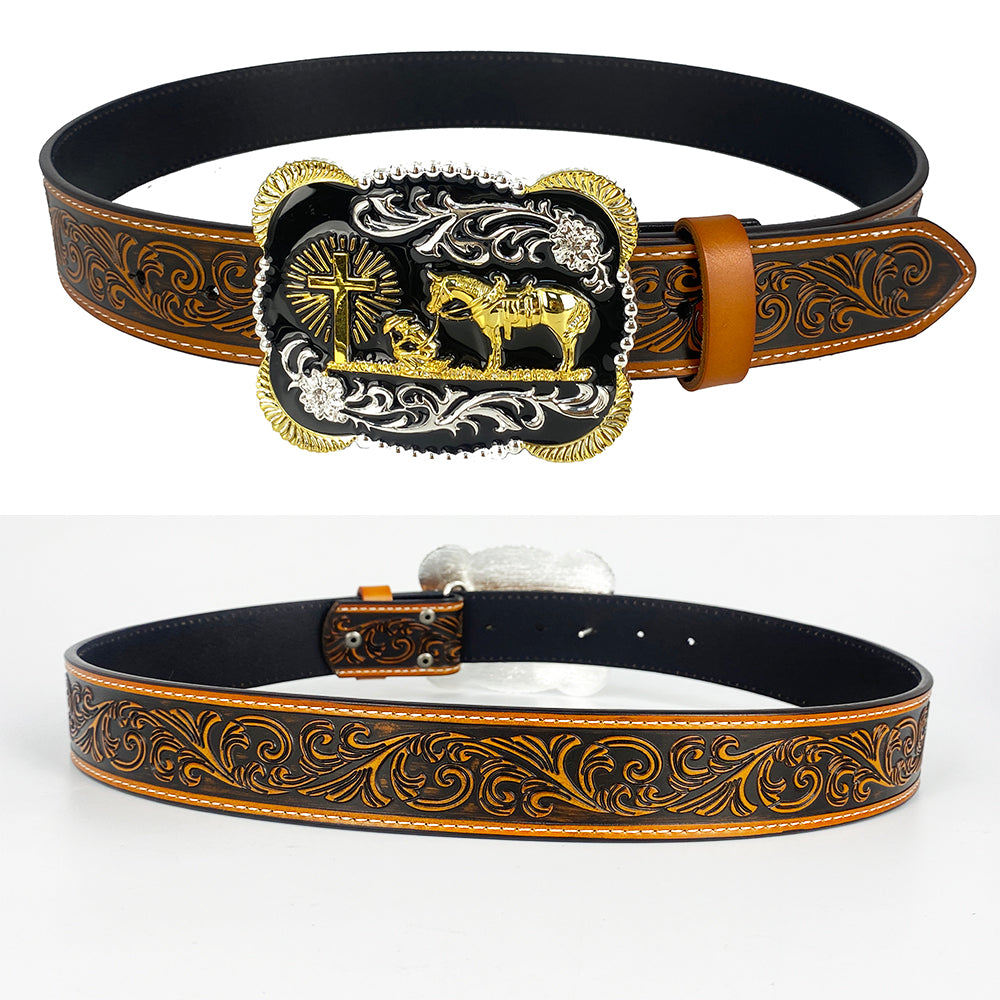 TOPACC Western Genuine Leather Pattern Tooled Belt-3D Cross Horses Prayer Buckle