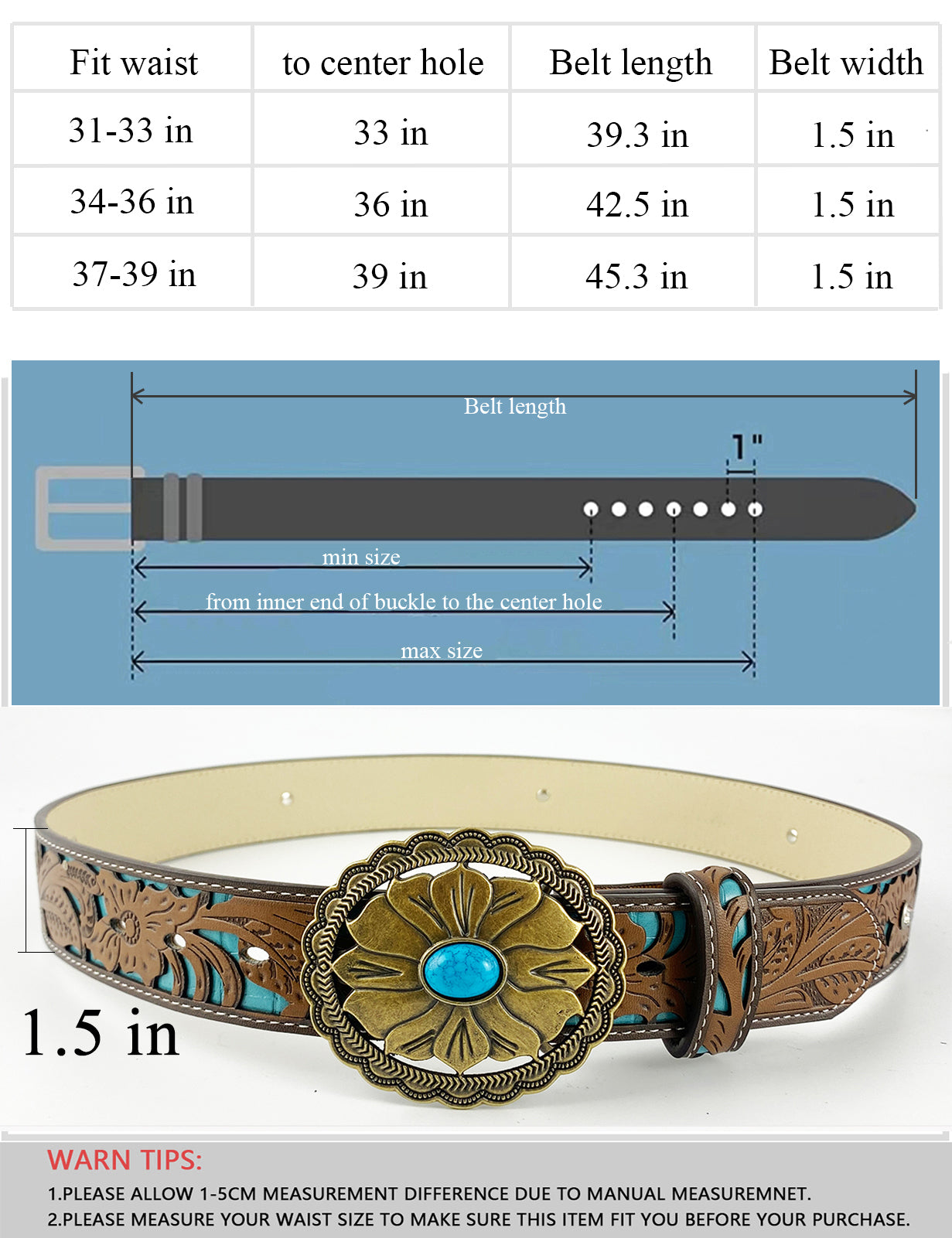 TOPACC Western Turquoise Belts - Turquoise Flower Belt Buckle Copper/Bronze