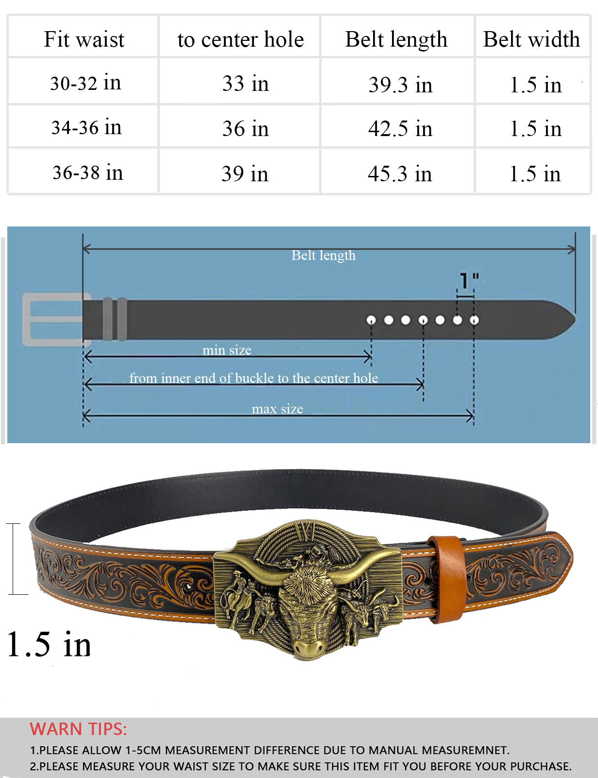 TOPACC Western Genuine Leather Pattern Tooled Belt-Longhorn Cow Belt Buckle Horseback Riding Copper/Bronze