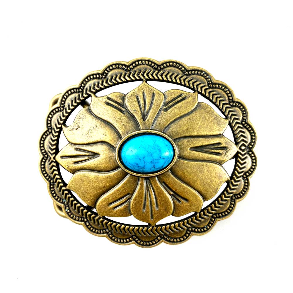 TOPACC Western turquesa padrão de flores Cowboy Cowgirl fivela de cinto cobre/bronze