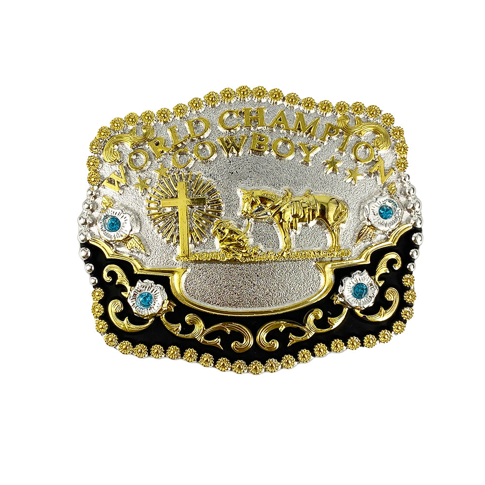 TOPACC Western Genuine Leather Pattern Tooled Belt-3D Cross Horses Prayer 'world champion cowboy' Hebilla