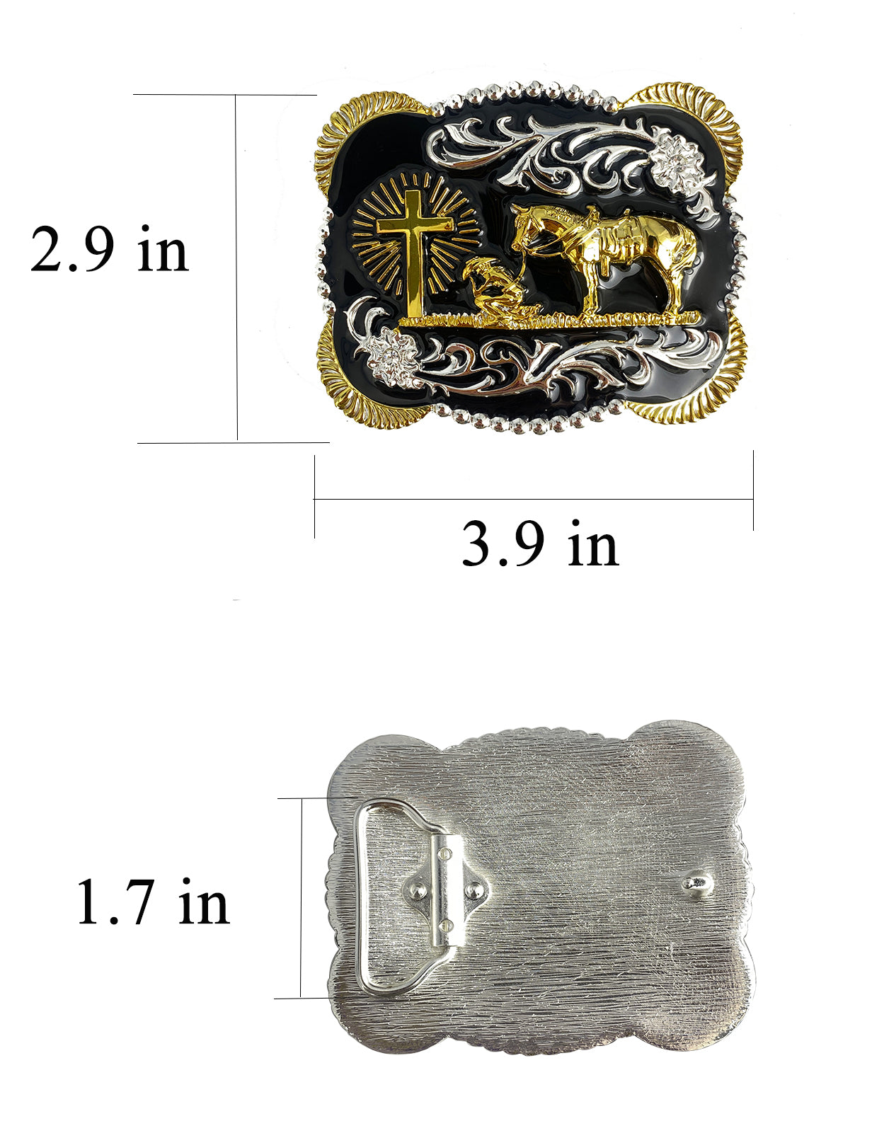 TOPACC 3D Rectangle Western Cowboy Horse Prayer Cross Belt Buckle Black Gold/Bronze