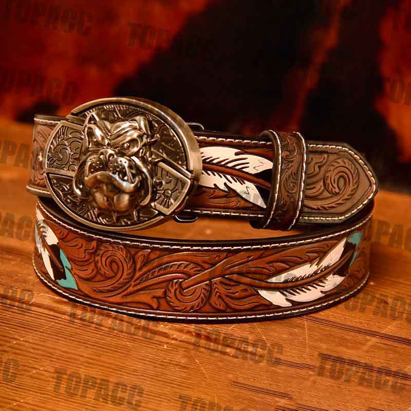 Cintura Cinturón de plumas de cuero occidental de 42-46 pulgadas - Hebilla de bloque