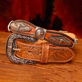 TOPACC Western Super Concho Silver Longhorn Cow Bull Brown Country Cinturones Cuero Genuino