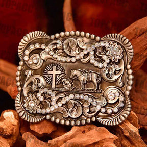 TOPACC 3D Retângulo Oeste Cowboy Cavalo Oração Cruz Cinto Fivela Ouro Preto/Bronze