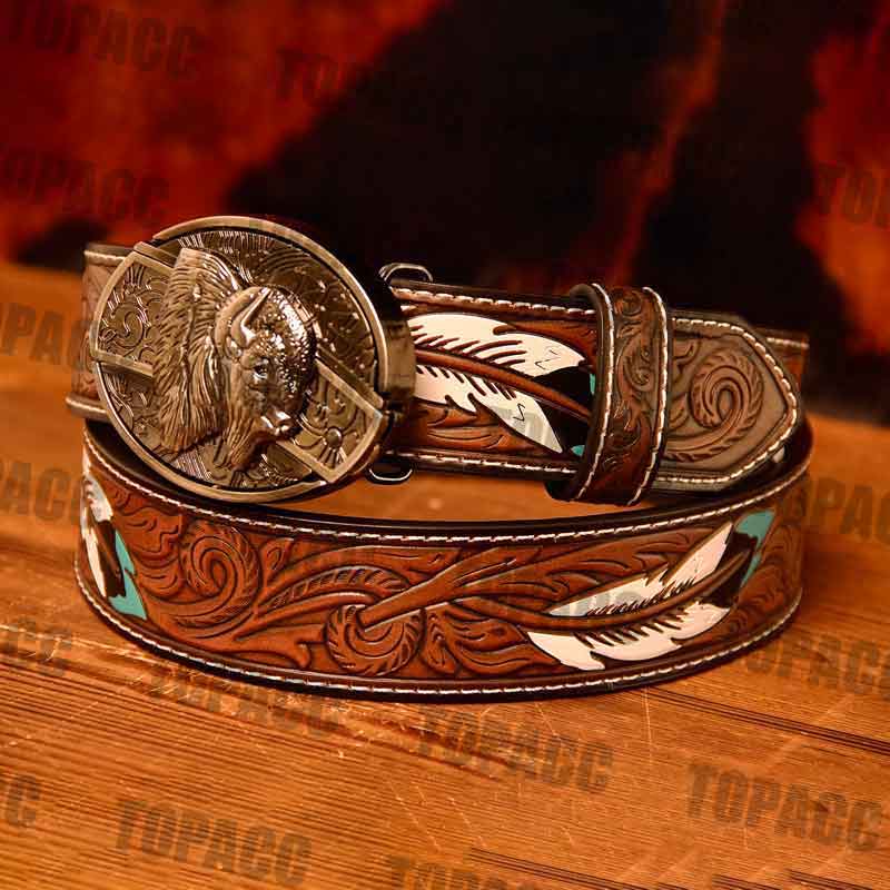 Waist 42-46 inch Western Leather Feather Belt - Block Buckle