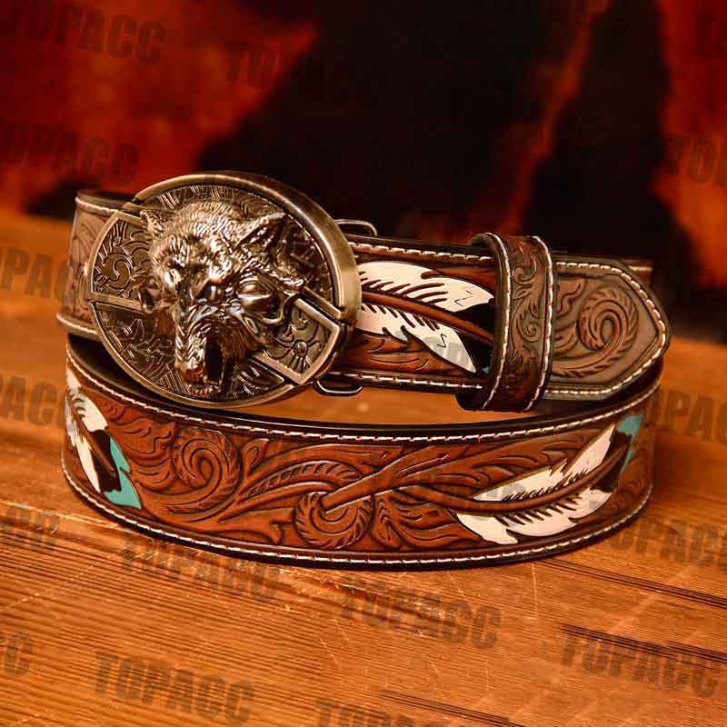 Cintura Cinturón de plumas de cuero occidental de 42-46 pulgadas - Hebilla de bloque