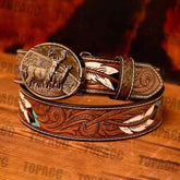 Waist 42-46 inch Western Leather Feather Belt - Block Buckle