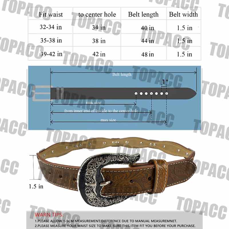 TOPACC Western Super Concho Silver Longhorn Cow Bull Brown Country Belts Genuine Leather