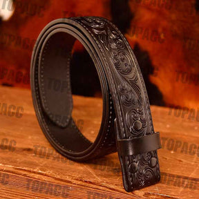 TOPACC Western Genuine Black Leather Pattern Tooled Belt