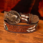 Cinto de penas de couro ocidental TOPACC - fivela em bloco